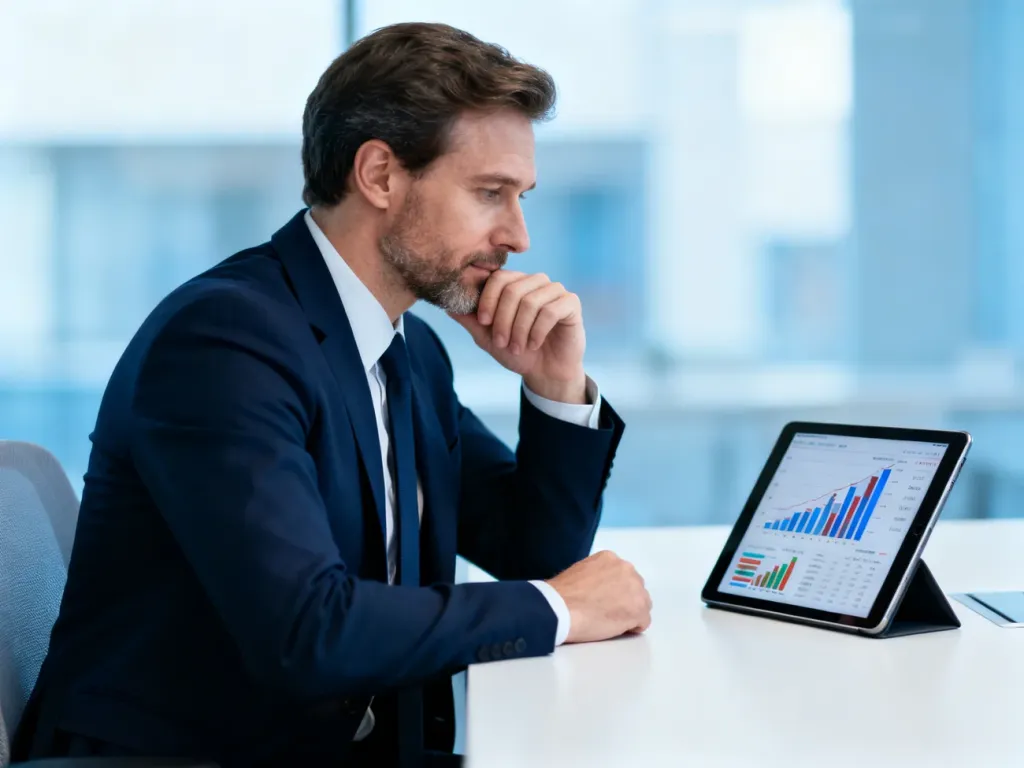 Profesjonalista analizujący wykresy finansowe na tablecie w nowoczesnym biurze.