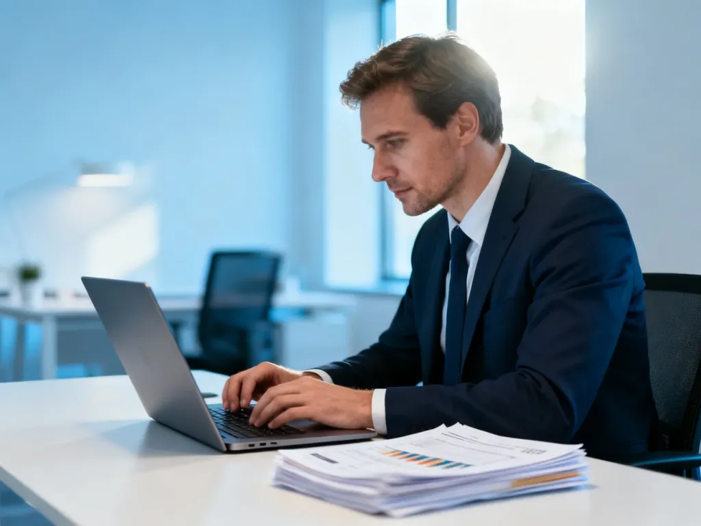 Pracownik biurowy analizujący dokumenty finansowe przy laptopie w nowoczesnym biurze.