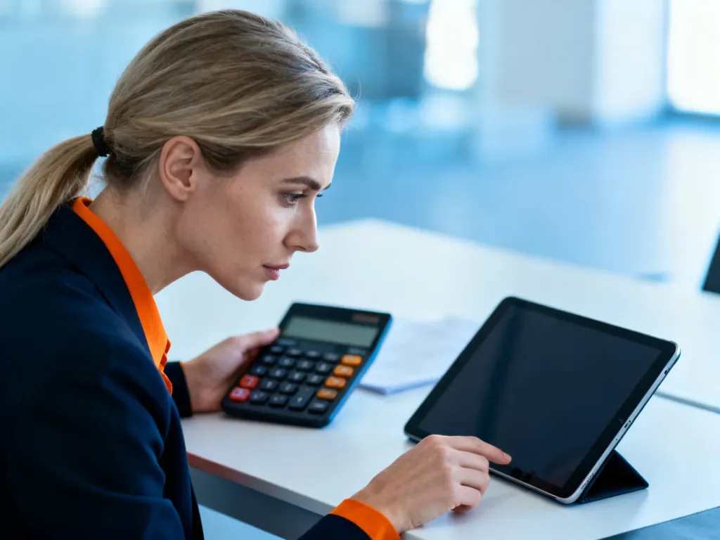 Kobieta przy biurku oblicza wynagrodzenie na kalkulatorze i tablecie, skupiona na planowaniu finansów w biurze.