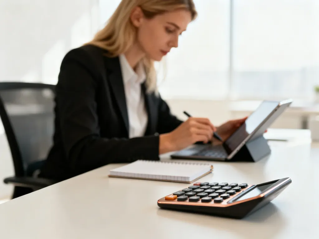 Kobieta przy biurku oblicza finanse na tablecie, korzystając z kalkulatora i notatnika w nowoczesnym biurze.