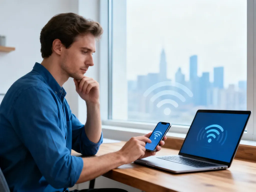 Mężczyzna korzysta z laptopa i smartfona w domowym biurze, symbolizując wygodę pracy z nielimitowanym internetem mobilnym.