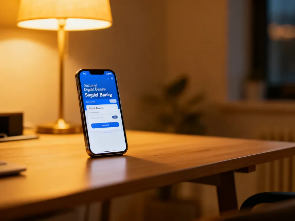 Smartfon z otwartą aplikacją bankową na drewnianym biurku, symbolizujący bezpieczne logowanie do usług cyfrowych.