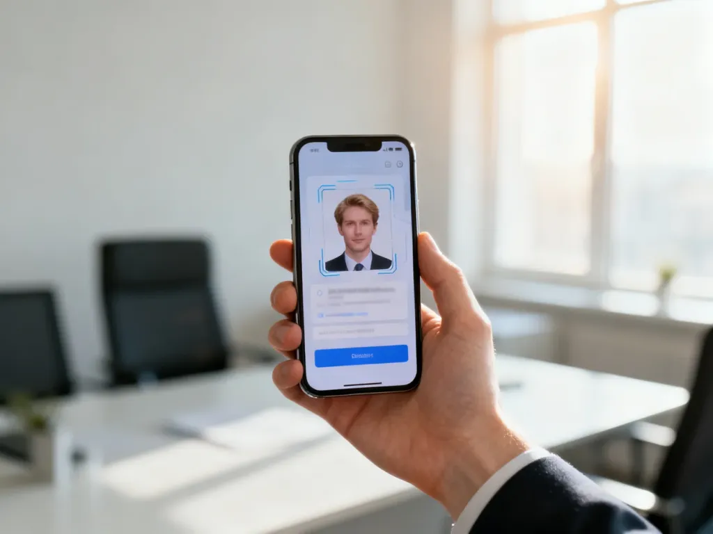 Dłoń trzymająca smartfon z wyświetlonym interfejsem cyfrowej tożsamości w jasnym, nowoczesnym biurze.