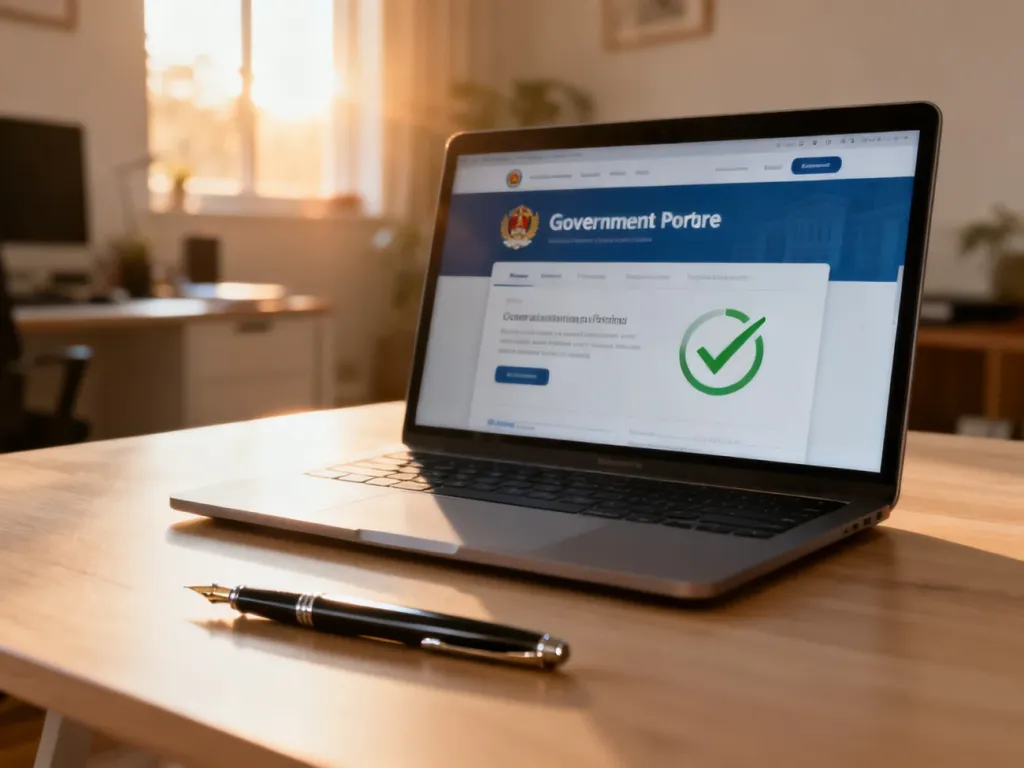 Ekran laptopa z otwartym portalem rządowym i ikoną sukcesu, symbolizujący pomyślne złożenie wniosku o zaświadczenie o niekaralności.