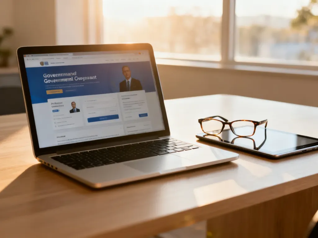 Ekran laptopa z otwartym portalem rządowym na biurku, symbolizujący proces zakładania profilu zaufanego online.