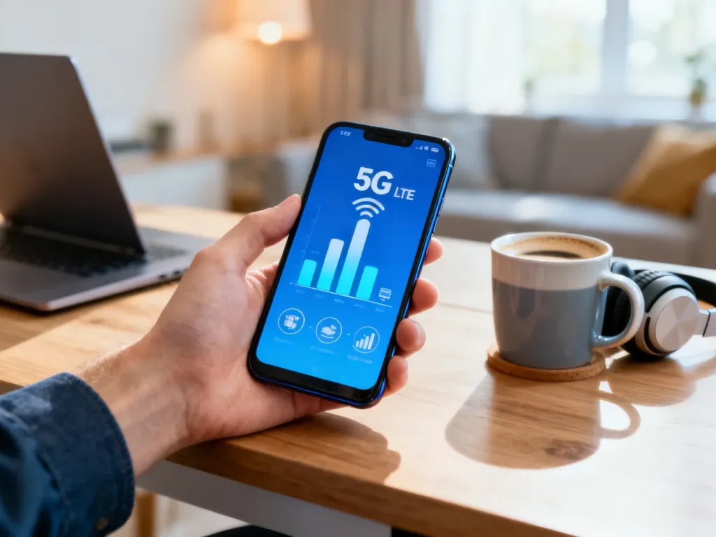 Smartfon z silnym zasięgiem 5G/LTE na biurku, symbolizujący wygodne korzystanie z internetu mobilnego na co dzień, no text on the picture